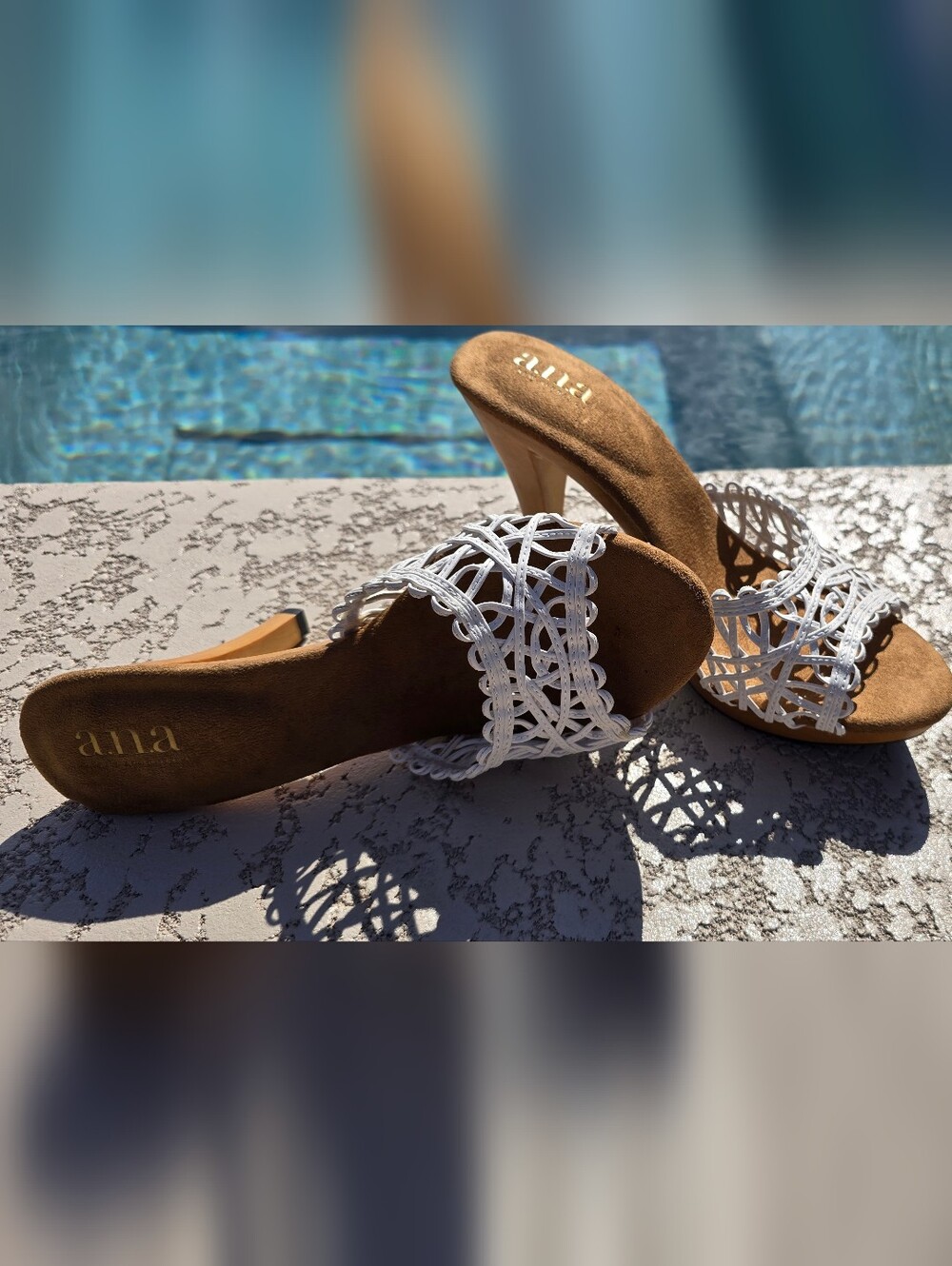 Woven White Slide Heels with Brown Suede Footbed